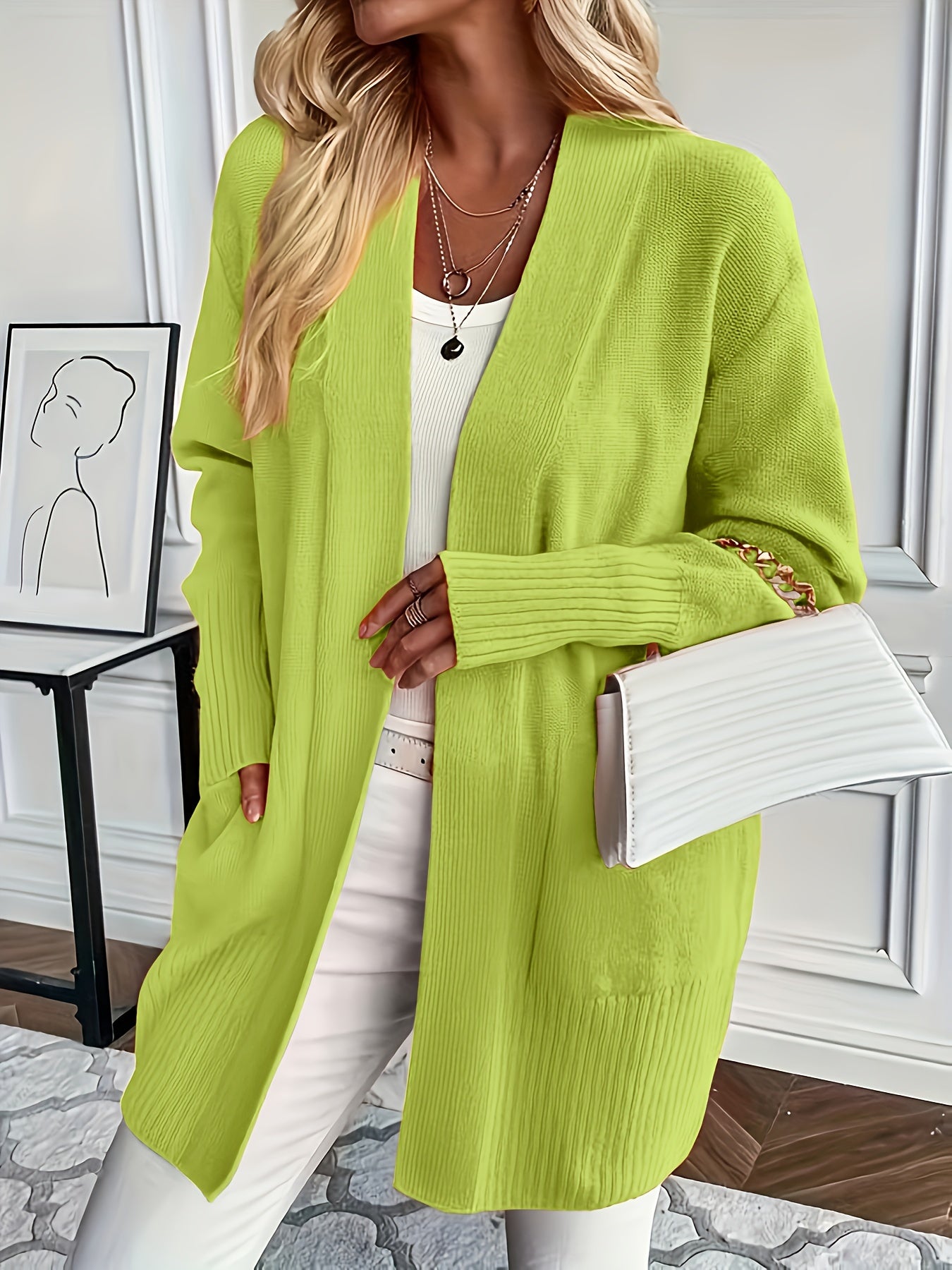 Chic Long Sleeve Knit Cardigan - Cozy Pockets & Open Front - Versatile for Casual Wear, Women's Apparel