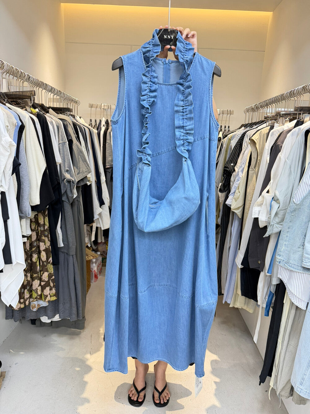 Women's Denim Sleeveless Diagonal Ruffle Trim A-Line Maxi Dress Drawstring Detail Light Blue Dark Navy One Size NNY with Free Bag - Seldom Seen Styles