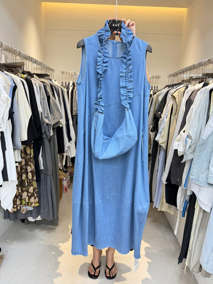 Women's Denim Sleeveless Diagonal Ruffle Trim A-Line Maxi Dress Drawstring Detail Light Blue Dark Navy One Size NNY with Free Bag