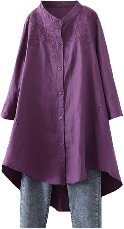 Minibee Women Cotton Linen Shirt High Low Button Down Embroidered Blouse Long Sleeve Tunic Tops