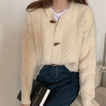 Japanese Style Horn Button Short Cable-Knit Sweater Women's Autumn and Winter New Knitted Cardigan Coat round Neck Solid Color Sweater for Women