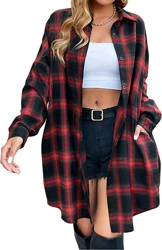 Women's Button Down Flannel Shirts Plaid Shacket Long Sleeve Collared Long Jacket Coats