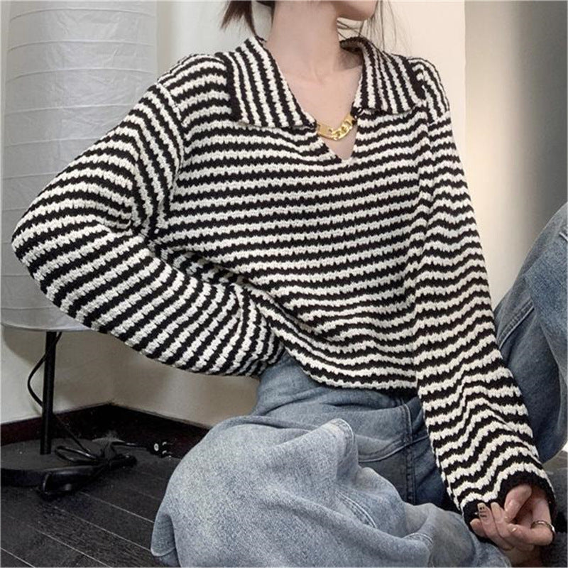 Women's French-Style Black and White Striped Lapel Pullover Sweater2024Autumn and Winter New Loose and Lazy Style Chic Knitted Top