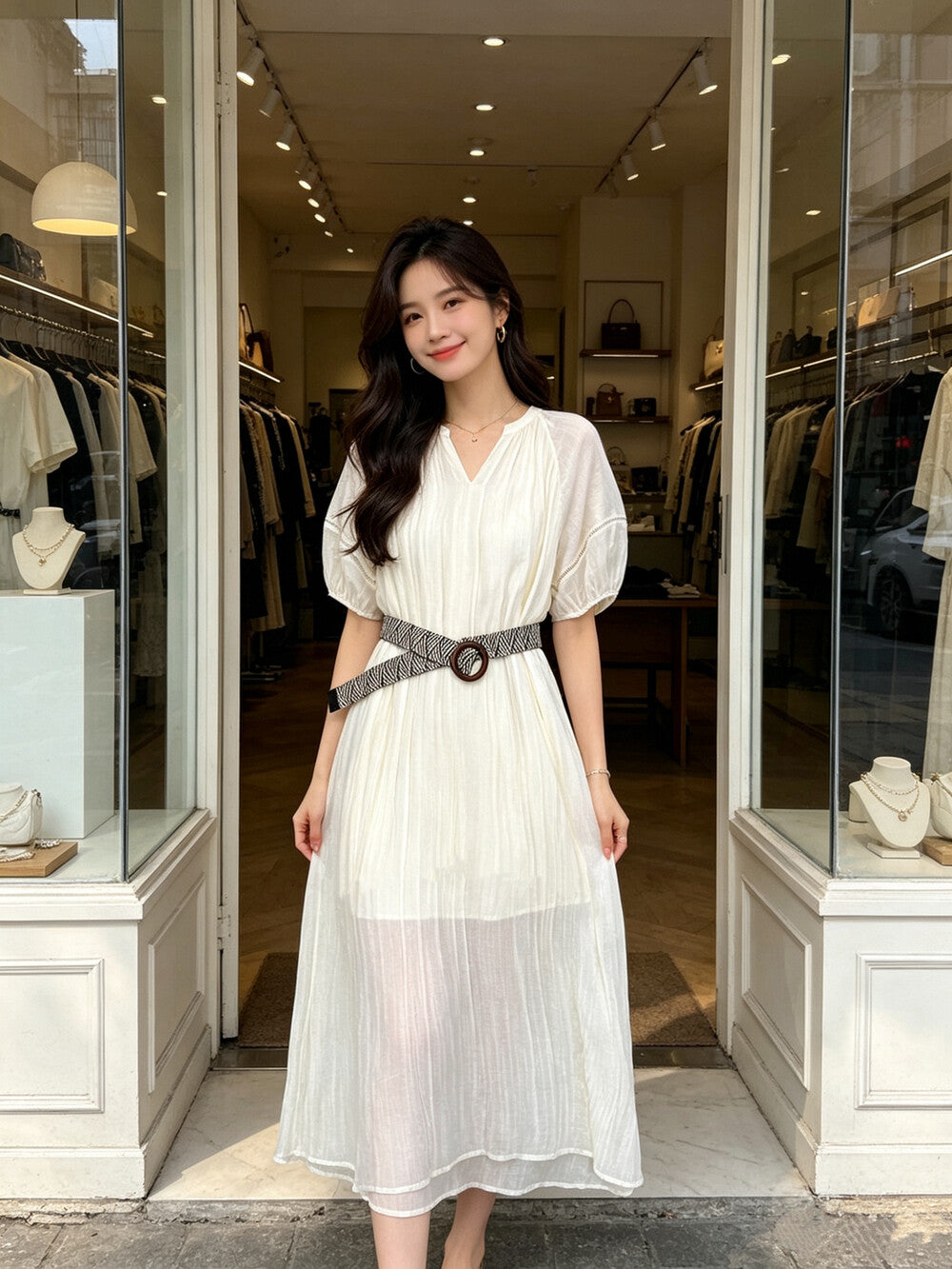V-Neck Puff Sleeve Loose Flowy Maxi Dress with Woven Belt Included Crinkle Texture Elegant Casual Summer Dress White Dark Grey - Seldom Seen Styles