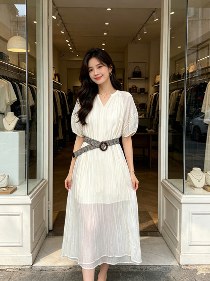 V-Neck Puff Sleeve Loose Flowy Maxi Dress with Woven Belt Included Crinkle Texture Elegant Casual Summer Dress White Dark Grey