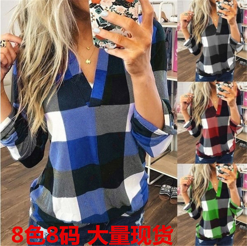 Dokotoo Womens Basic Casual V Neck Plaid Print Cotton Cuffed Long Sleeve Work Tops Blouses Shirts S-3XL