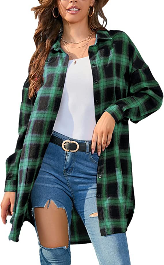 Women's Button Down Flannel Shirts Plaid Shacket Long Sleeve Collared Long Jacket Coats