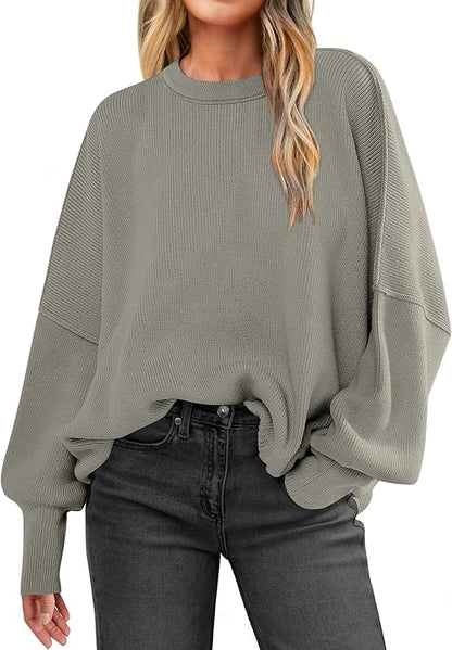 ANRABESS Women Crewneck Batwing Long Sleeve 2024 Fall Oversized Side Slit Ribbed Knit Pullover Sweaters Top Cozy Outfits