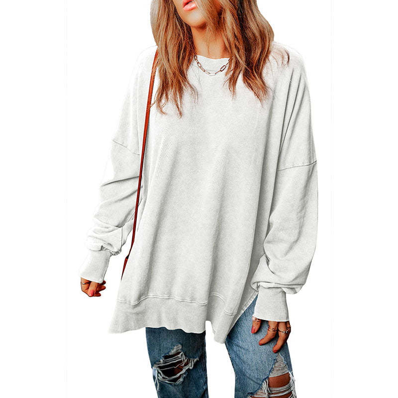 Autumn New Pure Color round-Neck Pullover Women's European and American Leisure Style All-Match Super Long Flab Hiding Long-Sleeved Top for Women