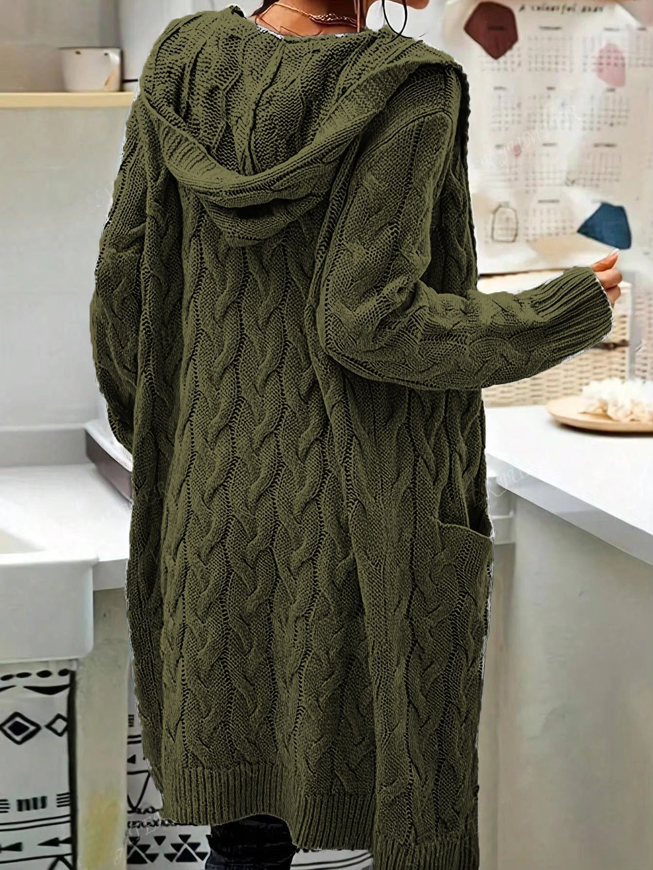 Women's Pocket Drop Shoulder Cardigan, Hooded Long Sleeve Warm Top, Casual Textured Knit Open Front Cable Outwear, Sweaters for Women