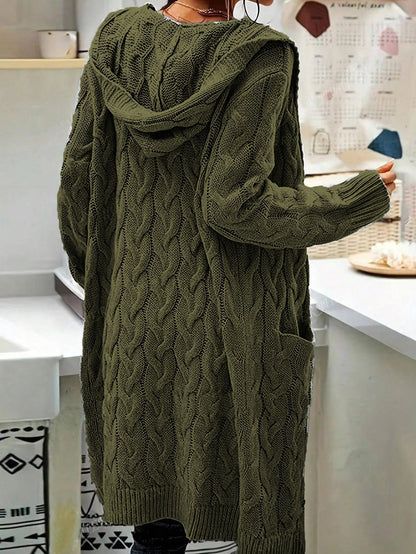 Women's Pocket Drop Shoulder Cardigan, Hooded Long Sleeve Warm Top, Casual Textured Knit Open Front Cable Outwear, Sweaters for Women