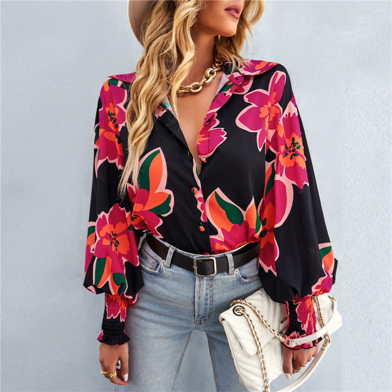 European and american hot2024eBay Amazon Spring Long-Sleeved Versatile Top Fashion Lantern Sleeve Women's Printed Wear Shirt