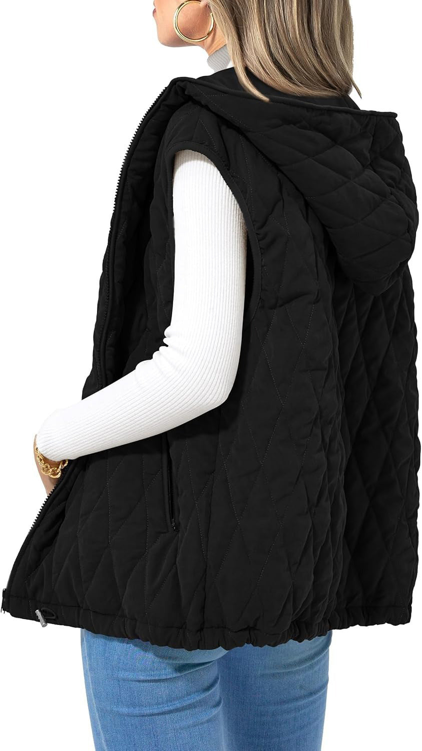 Women's Quilted Vest Casual Sleeveless Hooded Zip Up Diamond pattern Jacket With Pockets Winter Coat Outerwear Minimalist Top - Seldom Seen Styles