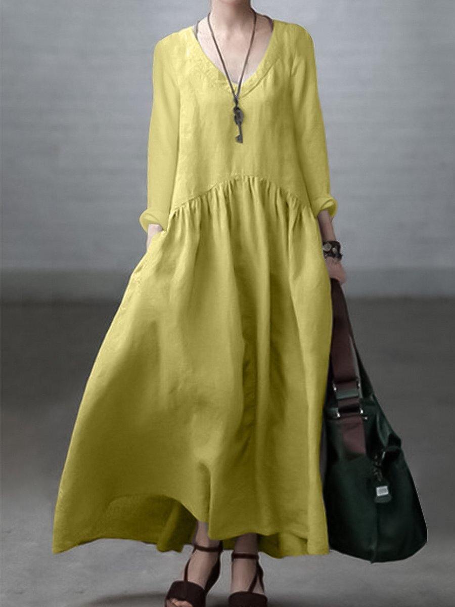 Simple and Loose V-neck Cotton and Linen Dress - Seldom Seen Styles