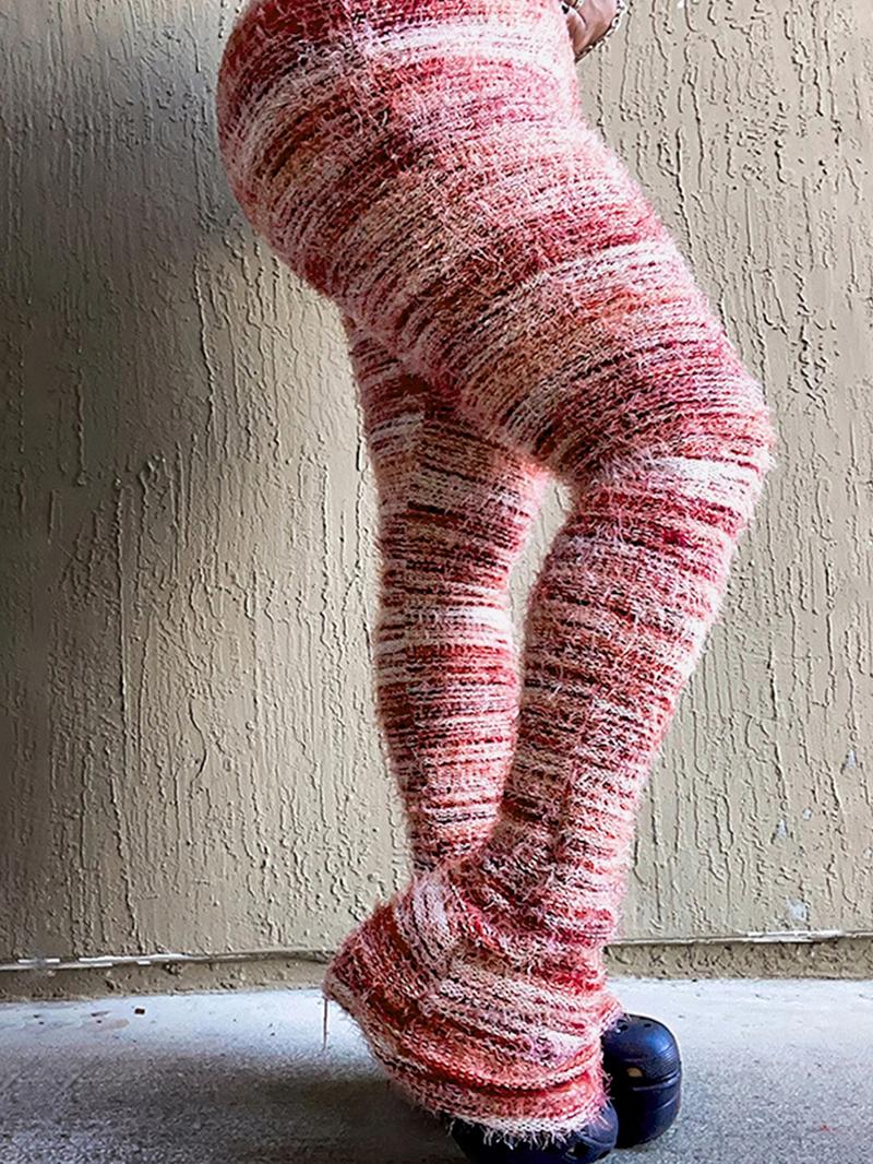 Women's Striped Print Flare Leg Fuzzy Sweater Pants, Casual Street Comfy Knit Bell Bottom Trousers For Fall & Winter, Women's Knitwear For Daily Wear - Seldom Seen Styles