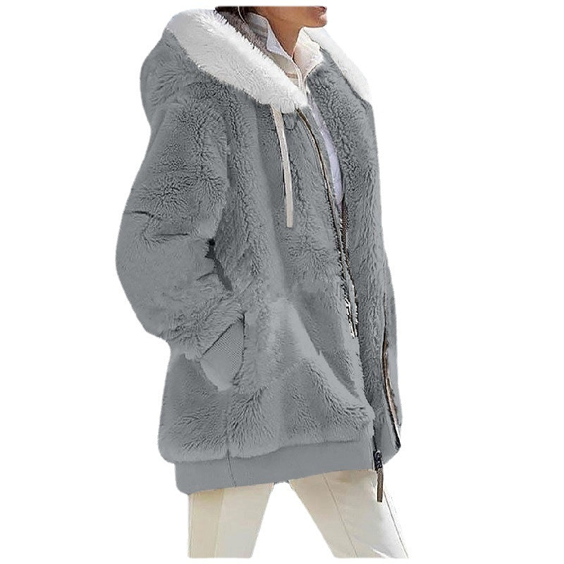 Grenzüberschreitendes Amazon Hot Europe und America2023 Herbst und Winter Loose Plush Long Sleeve Zipper Pocket Hooded Warm Jacket Women 