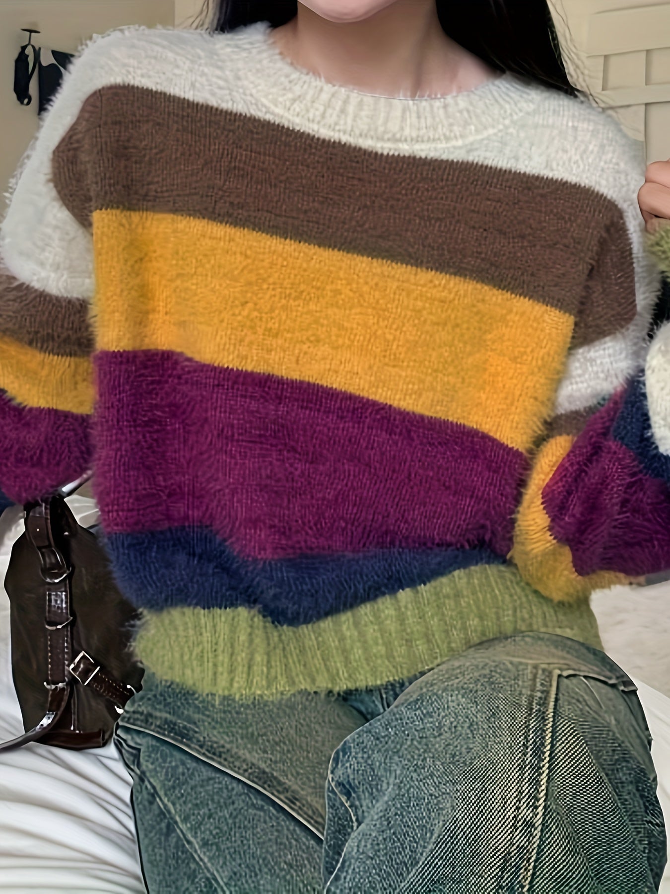 Gestreifter Pullover mit Rundhalsausschnitt, lässiger Pullover mit langen Ärmeln und überschnittenen Schultern, Damenbekleidung