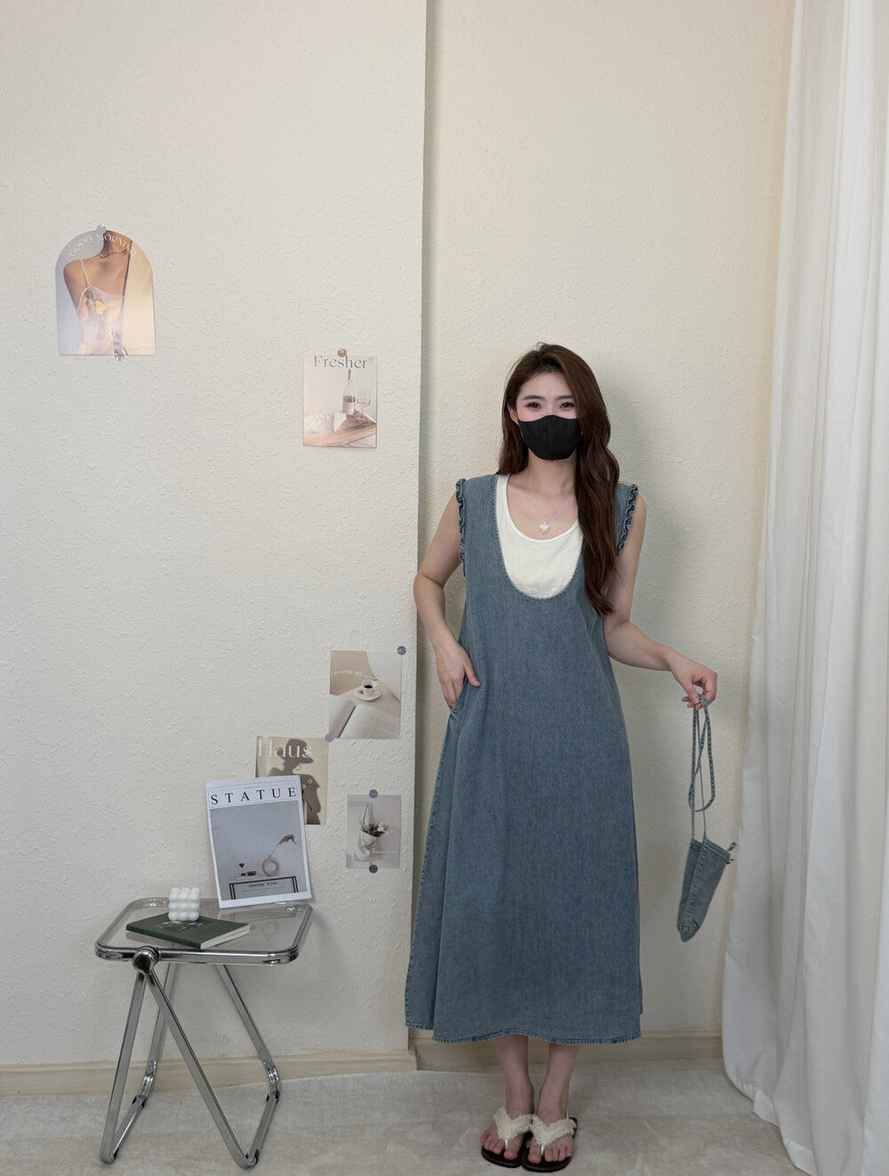 Women's Denim Fake Two-Piece Sleeveless U-Neck A-Line Midi Dress Ruffle Shoulder Detail with Free Mini Bag Dark Navy Blue Grey One Size - Seldom Seen Styles