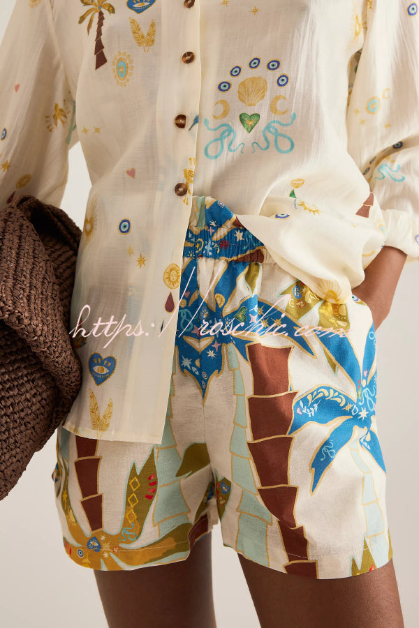Linen Blend Summer Printed Collared Long-sleeved Shirt and Elastic Waist Pocket Casual Shorts Set - Seldom Seen Styles