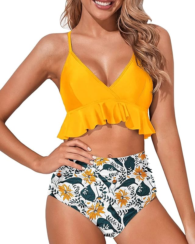 Women Two Piece Swimsuits High Waisted Bikini Set Ruffle Flounce Tummy Control Bottoms Bathing Suit - Seldom Seen Styles