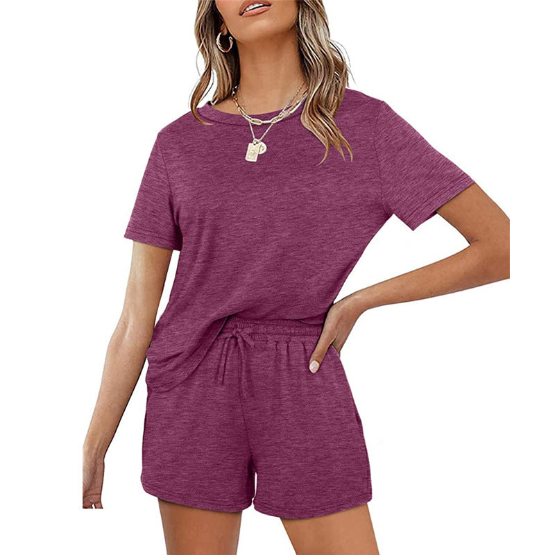 2025Summer New Women's Two-Piece Set Solid Color Short Sleeve T Casual T-shirt and Shorts Set for Women