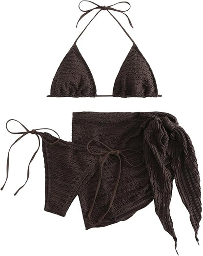 Women's 3 Piece Swimsuits Halter Triangle String Bikini Set with Beach Skirt Swimwear Set - Seldom Seen Styles