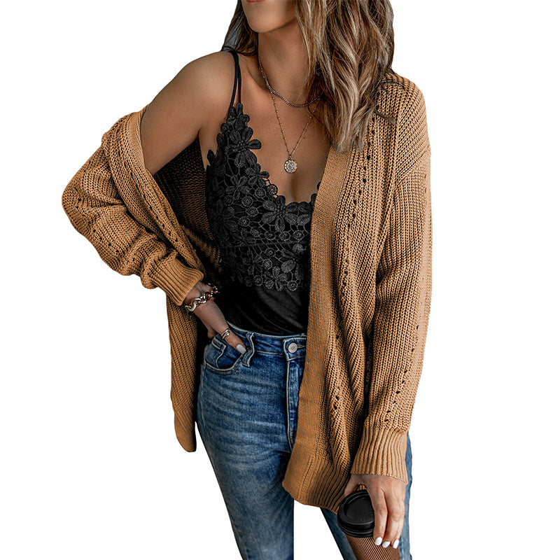 European and American Style Women Fashion Solid Color Hollow Cardigan Sweater Autumn and Winter New Side Slit Drop-Shoulder Long-Sleeve Top271064