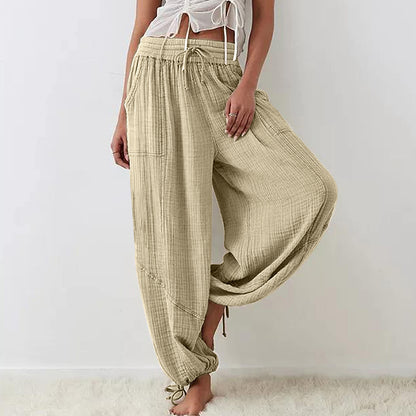 Damen Casual Loose Fit Weite Beinhose Baumwolle Hose Kordelzug Nähte Baggy Pants Hose mit Taschen