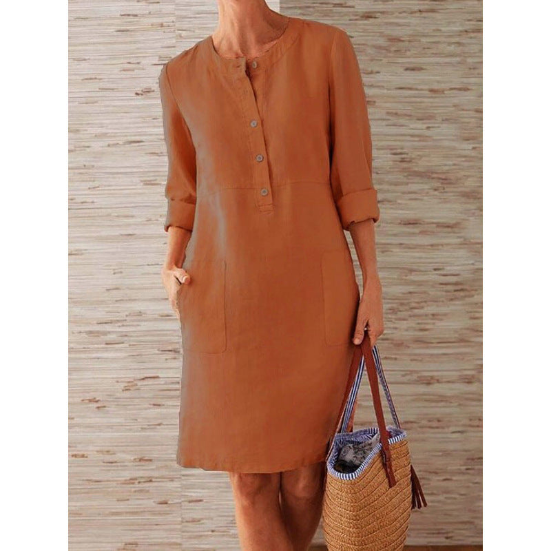 2024Cross-Border Spring New Amazon AliExpress Popular plus Size Women's Clothing Cotton and Linen round-Neck Long-Sleeved Dress