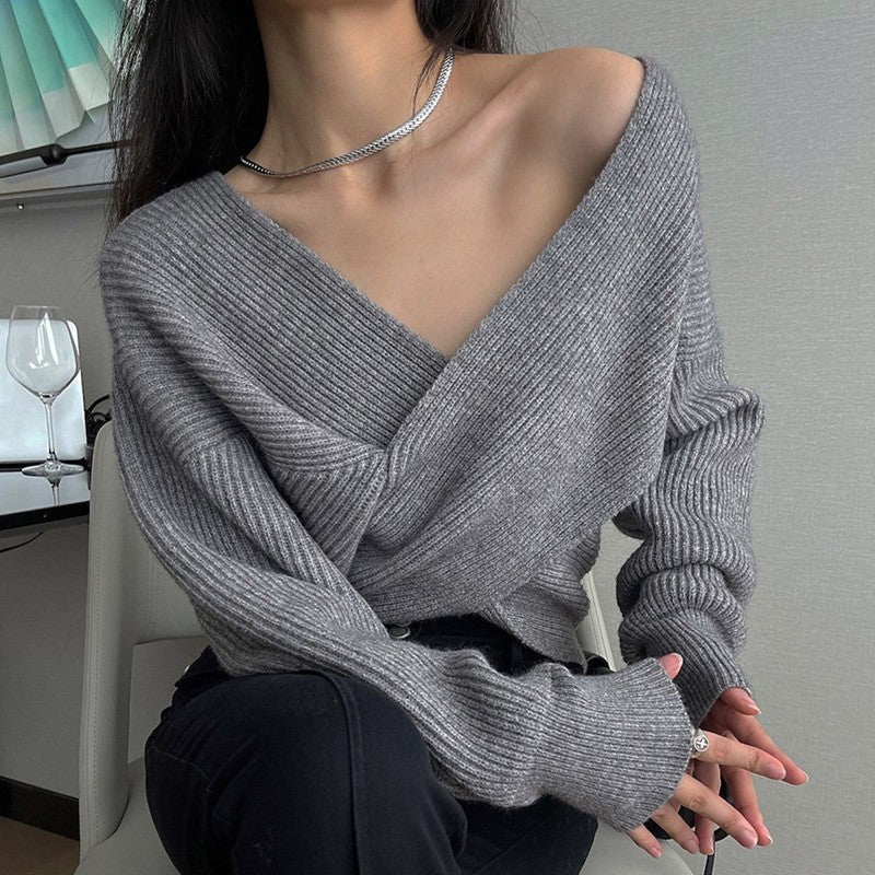 Women's Solid Color V Neck Long Sleeve Sweater with Cross Wrap Front and Asymmetric Hem - Comfort, Fashion - Seldom Seen Styles