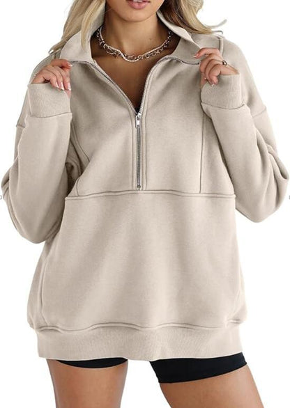 Damen-Sweatshirts mit halbem Reißverschluss, Fleece, Stehkragen, lange Ärmel, Daumenloch, übergroße Pullover mit Taschen