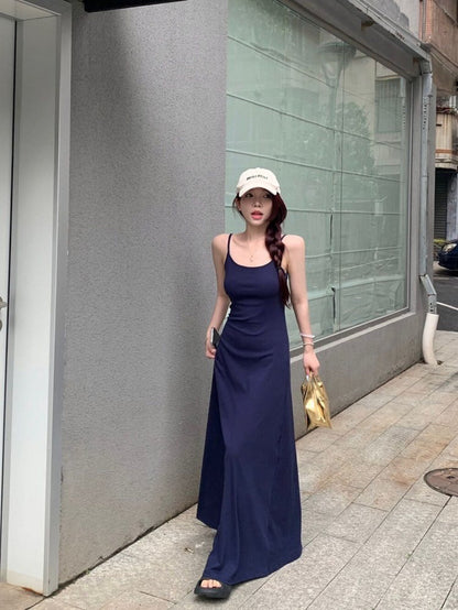 Solid Color Spaghetti Strap Maxi Dress with Built-in Non-Removable Bra Pad Dopamine Color Slim Fit Sleeveless Summer Dress
