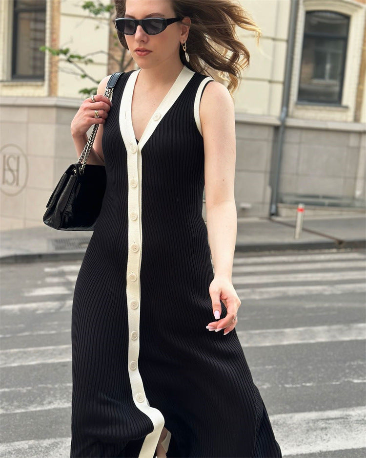 V-neck Sleeveless Single-Breasted Knitted Dress Tight European and American Midi Dress Contrast Color Cardigan Sexy Summer Dress 2024