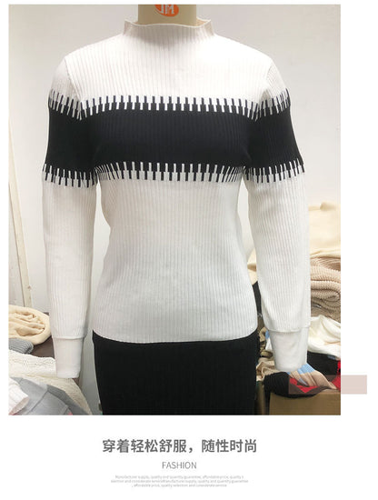 Women's Elegant Knitwear Set - Color Block Ribbed Sweater with Mock Neck and Long