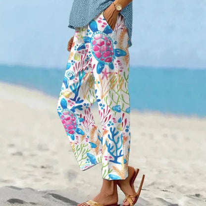 Leinenhose Damen Sommer Elastische Taille Gerades Bein Übergröße Crop Pants Lässige Strandhose mit Taschen