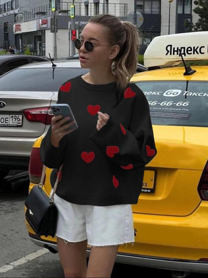 Women's Spring Heart Print Long Sleeve Crewneck Knitting Jumper, Comfort Round Neck Sweater for Daily Streetwear,  Tiktop Shop, Lady's Top for Spring