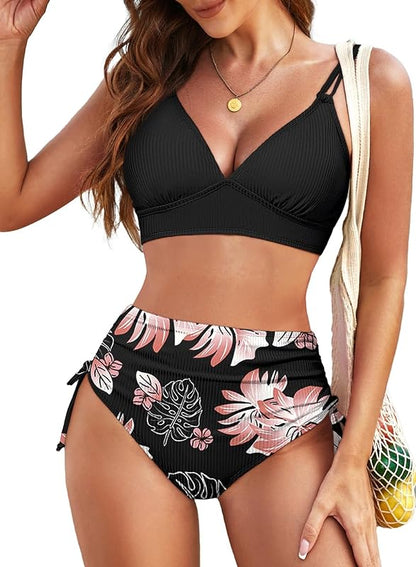 Women's Bikini Sets Two Piece Swimsuit V Neck High Waisted Ruched Tummy Control 2025 Summer Bathing Suit - Seldom Seen Styles