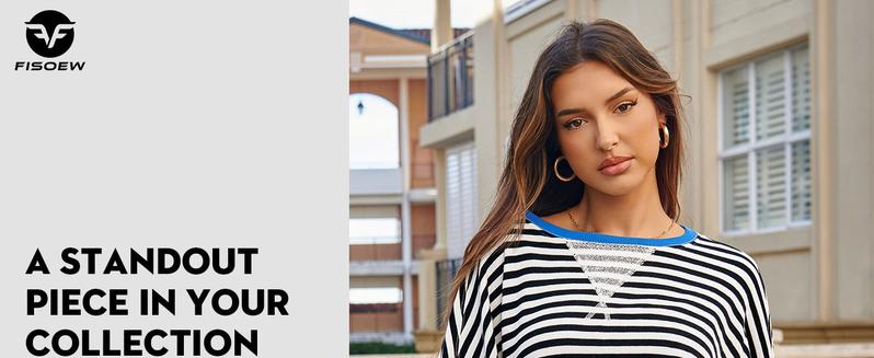 【Up To 3XL】Fisace Christmas Womenswear Striped Oversized Sweatshirt Color Block Crew Neck Long Sleeve Shirt Casual Loose Pullover Top Y2K Clothes back to school - Seldom Seen Styles