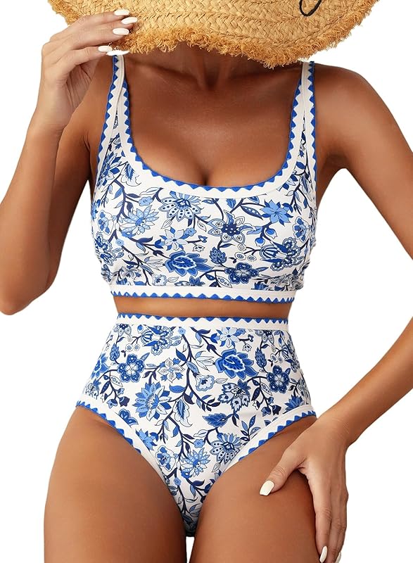 Women's Bikini Sets Floral Print Whip Stitch 2 Piece Swimsuits High Waisted Scoop Bathing Suits - Seldom Seen Styles