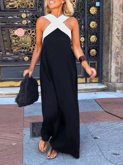 Women's Cross Halter Neck Sleeveless Stitching Dress