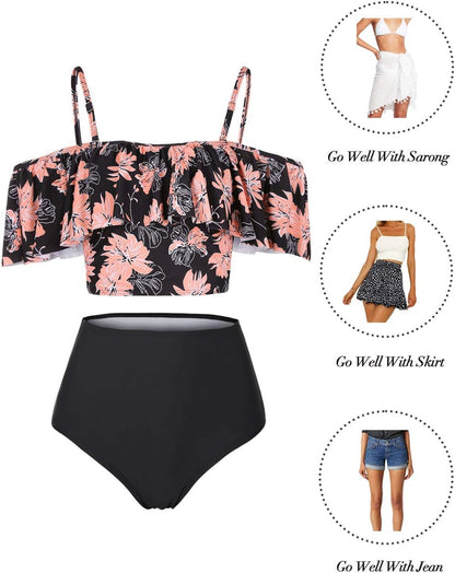 High Waisted Flounce Bikini Set,Tummy Control Swimsuits for Women,Off Shoulder - Seldom Seen Styles