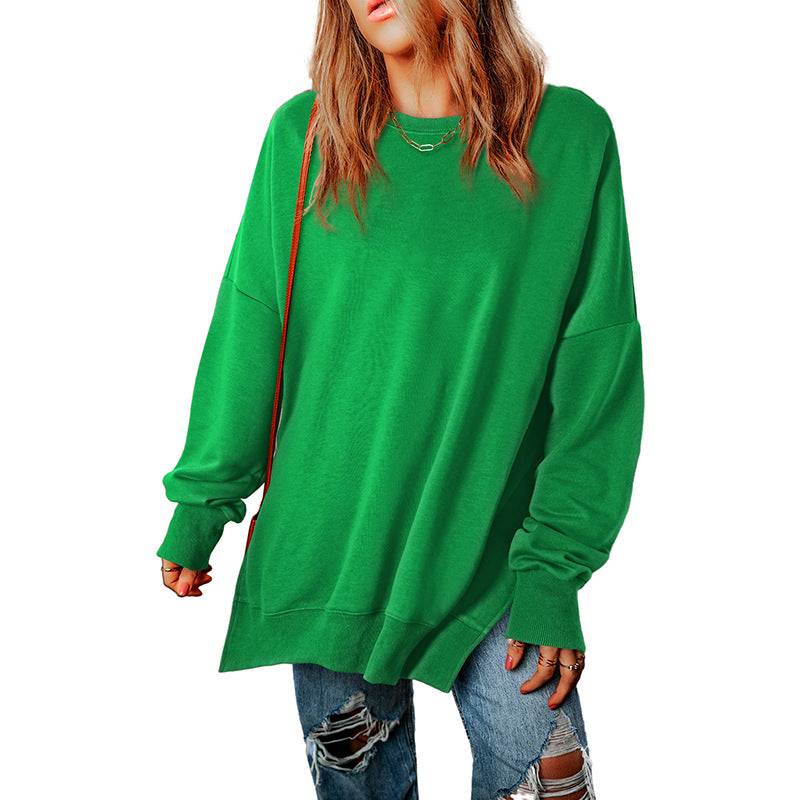 Autumn New Pure Color round-Neck Pullover Women's European and American Leisure Style All-Match Super Long Flab Hiding Long-Sleeved Top for Women