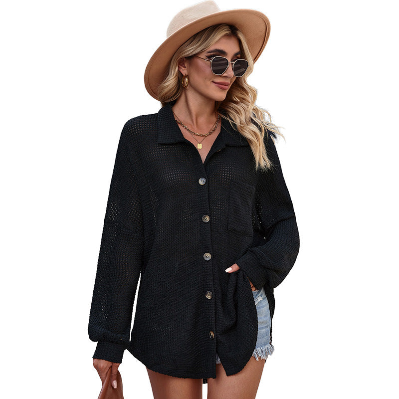 European and American Fashion Waffle Casual Shirt Women's Independent Station New Solid Color Loose Long Sleeves Cardigan Sweater Women's