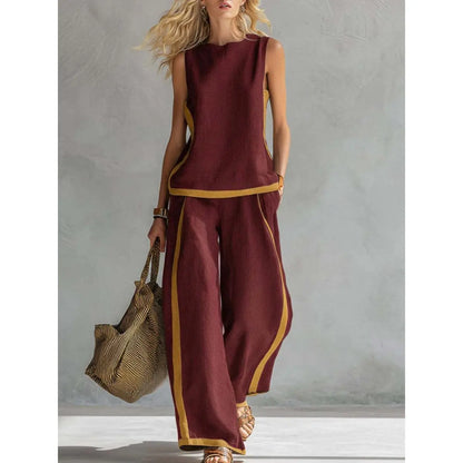 2026  Blend Two Piece Set for Women Sleeveless Color Block Top Wide Leg Pants Set Casual Summer Outfit # Set # WideLegPants # ColorBlock # SummerOutfit # BohoFashion # CasualWear # Outfit of the Day # WomensFashion