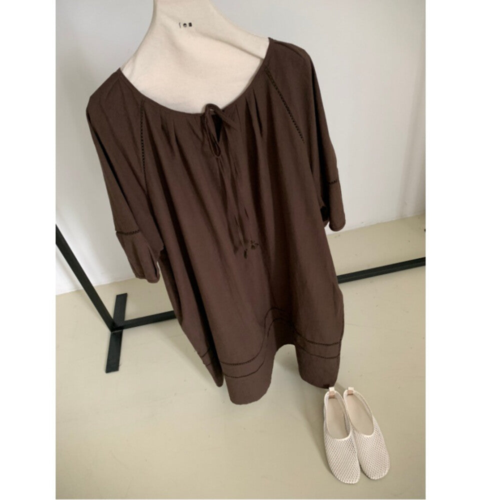 Solid Color Short Sleeve Drawstring Neck Loose Midi Dress Casual Oversized Summer Dress with Pockets - Seldom Seen Styles