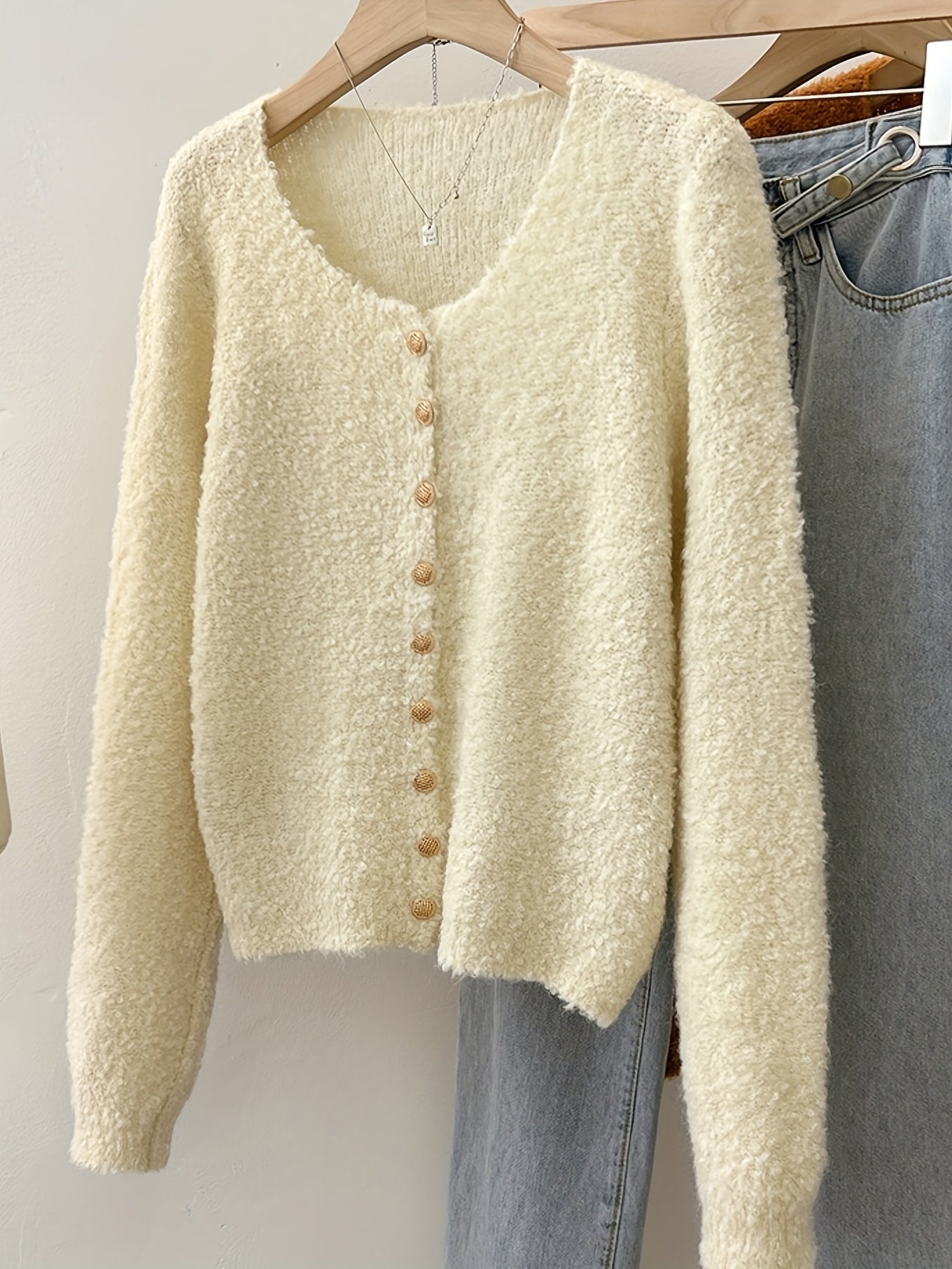 Solid Color Button Front Cardigan, Casual Long Sleeve Fuzzy Cardigan For Fall & Winter, Women's Clothing