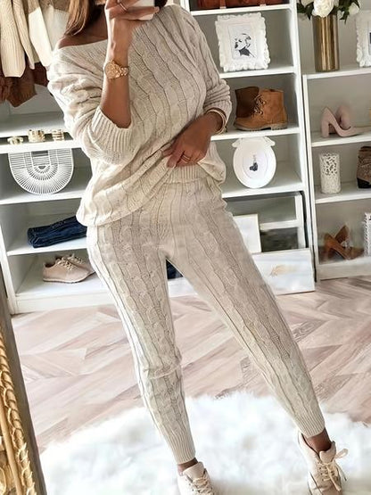 Women's Solid Sweater & Pants Set, Casual Fashion Cozy Top & Trousers for Fall, 2 Piece Sets Women, Women's Fall Knitwear Outfits, Sweater Sets, Sweater Co-ords