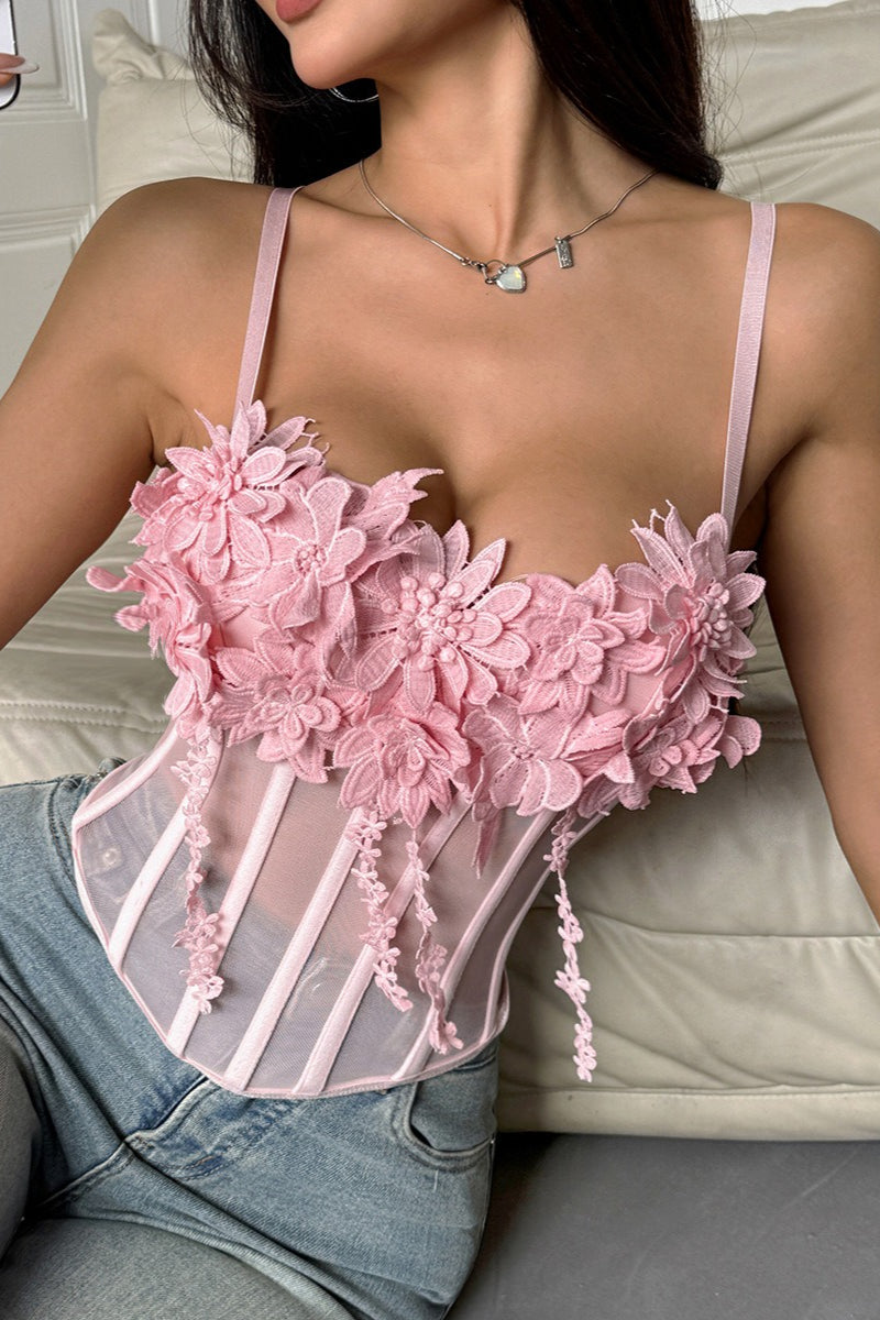 Women's Pink Floral Lace Mesh Bustier Cami Top Sexy Spaghetti Strap Slim Fit Sleeveless Summer Going Out Party Date Night Top - Seldom Seen Styles