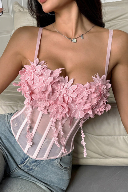 Women's Pink Floral Lace Mesh Bustier Cami Top Sexy Spaghetti Strap Slim Fit Sleeveless Summer Going Out Party Date Night Top