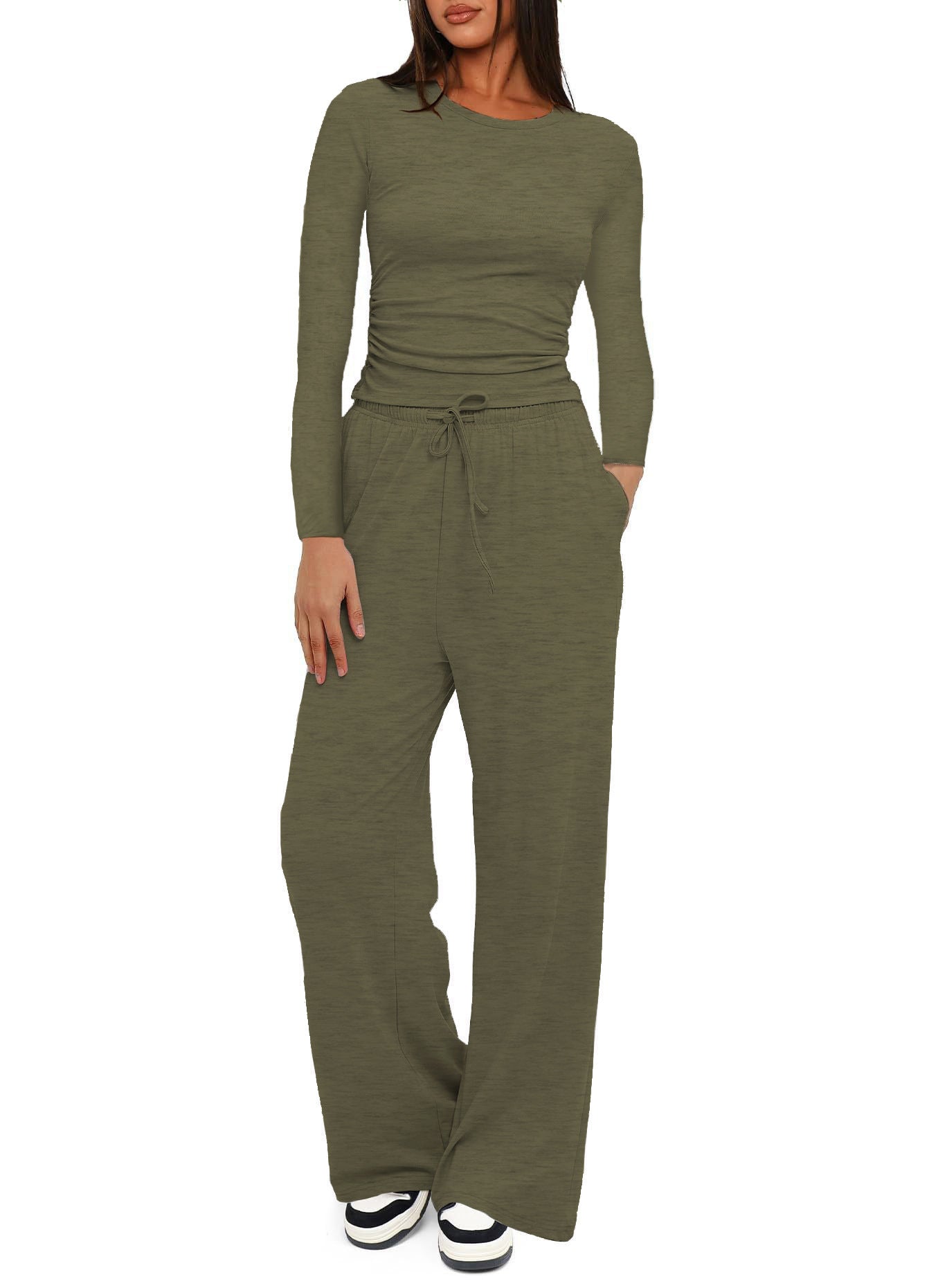 Two-piece Set Women's Solid Ruched Tee & Drawstring Pocket Pants Pajamas Set, Casual Long Sleeve T-shirt & Elastic Waist Trousers, Ladies Sleepwear  Loungewear for All Seasons - Seldom Seen Styles